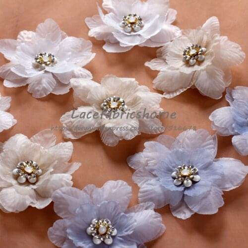 3-10pieces/lot off white/beige/light blue handmade 3D chiffon flowers for Clothing Sewing on Beading Applique Clothes flowers