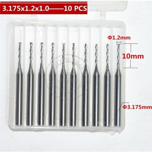 3.175mm*1.2mm*10mm-10PCS,CNC solid carbide milling cutter,2 Flutes spiral end mill,MDF.PVC,acrylic cutter,wood tools,Up cut bit