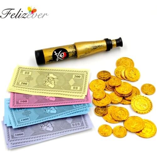47PCS Pirate Theme Party Favors Pack Play Money Theme Party Prop Plastic Gold Coins Game paper Costume Money Telescope