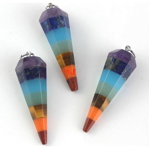 7 Chakra Stacked Layered Rainbow Healing Heart Crystal Dowsing Divination Pendulums Hexagon Point Stones Pendant Jewelry