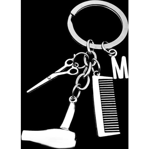 Hot Sale Hair Stylist Hair Dryer Scissors Comb Men Keychains with Initials Letters Hairdresser Gift Key Ring Hair Dryer Keyring