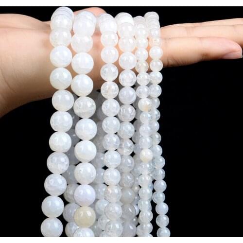 Natural Stone Beads Smooth White Fire Agates Smooth Loose Spacer Beads for Jewelry Making Bracelet Necklace Accessories 6/8/10MM