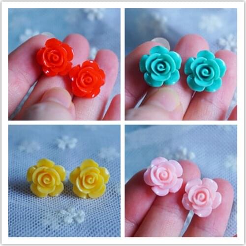 A Pair Vintage Colorful Flower Earrings Girls Kids Resin Rose Ear Stud Earrings For Women Lady Party Club Accessories 1.5cm