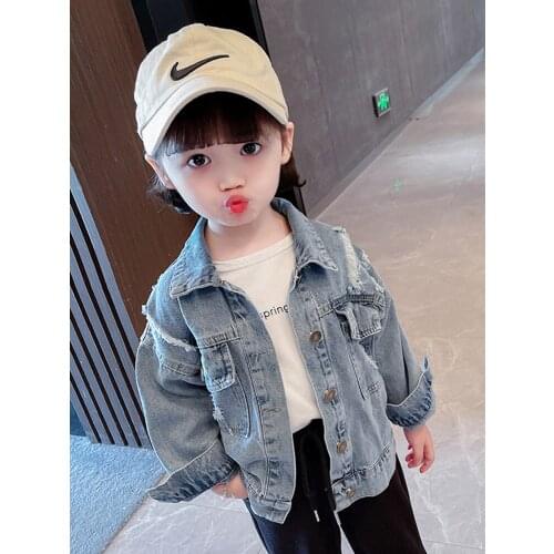 Spring Fashion Children Jean Coat for Girls Ripped Jeans Jackets for Girls Solid Color Children Outwear Girls Hole Jackets 2-7T