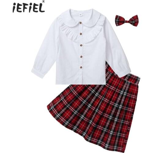 Kids British Style Japanese School Uniforms Girls Cotton Long Sleeve Shirt Pleated Plaid Skirt Tieknot 3pcs Student Clothing Set