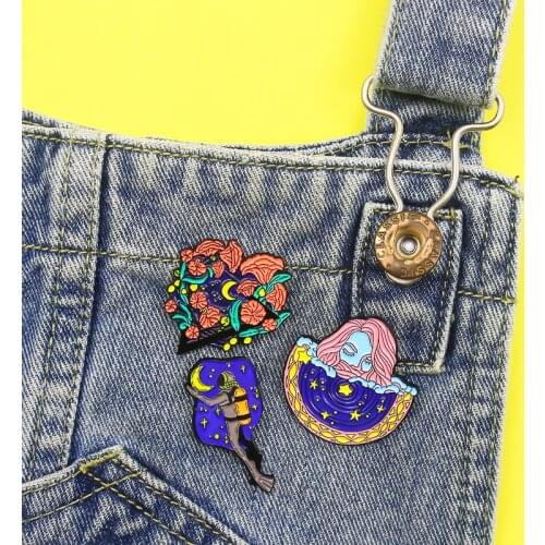 Blue planet Enamel Brooch Flying in the night sky at night Space universe Lapel Pin Stars moon diver flower woman badge