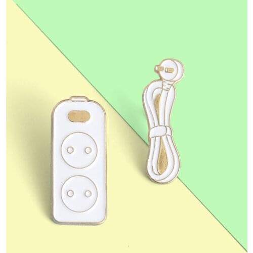 Socket and Wire Enamel Lapel Pins Funny Cartoon White Brooches Badges Backpack Accessories Gift for Friend Custom Jewelry