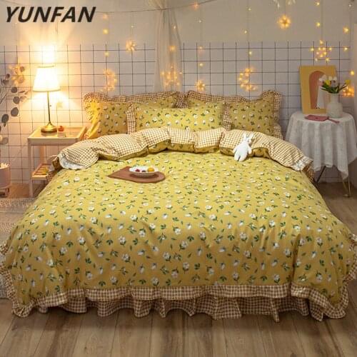 Korean yellow bedclothes luxury duvet cover Set Romantic Lace Girls Princess quilts Cover queen full single flowers Bedding Sets