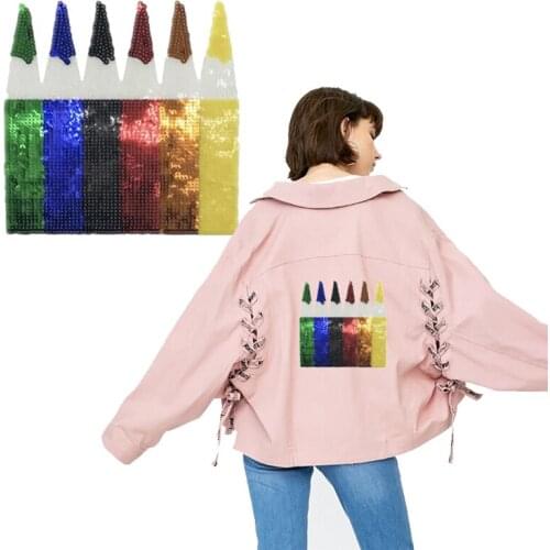 Fine Sew On Sequined Patch Colorful Crayons Pencil Appliques Sequins Patches Stickers for Cloth Garment DIY Craft Supplies Decor