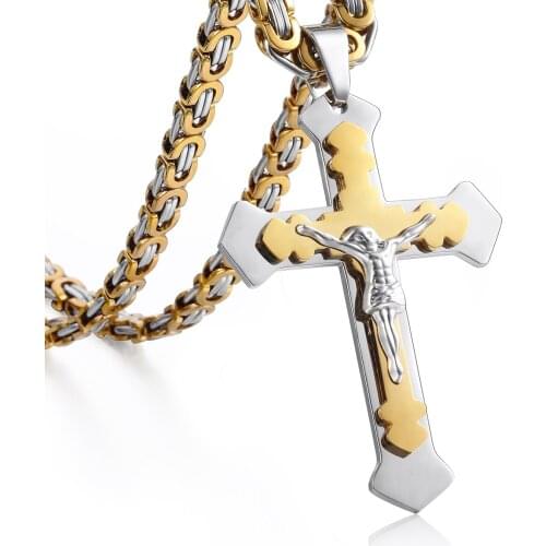 Mens Pendant Necklace Boys Silver Gold Color 2 Layers Stainless Steel Cross Jesus Charm Byzantine Link Chain Jewelry LKP487