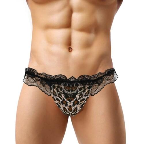 Men Sissy Lingerie Briefs T-back Low Rise Ruffle Lace Open Back Bulge Pouch Bikini G-string Thong Underwear Gay Bikini Panties