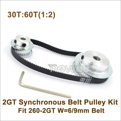POWGE 30 Teeth 60 Teeth GT2 Timing Belt Pulley Kit 1:2 Speed Ratio 30T:60T 2M/2GT Reduction Pulley For W=6/9mm 260-2GT Belt