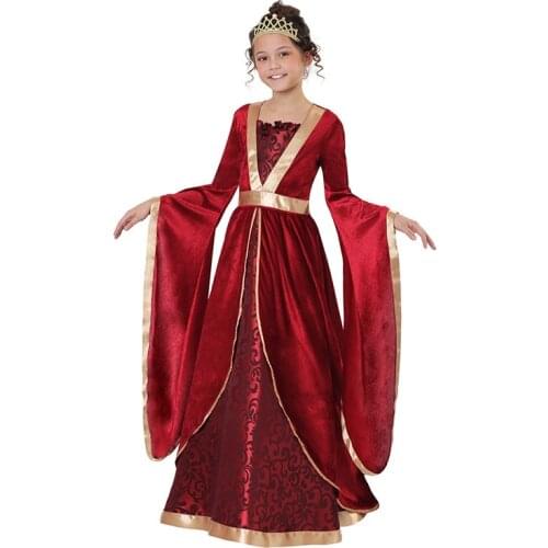 Girls Halloween Outfit Girl Maxi Dress Medieval Red Velvet Princess Costume Renaissance Cosplay Kids Clothes Fantasy