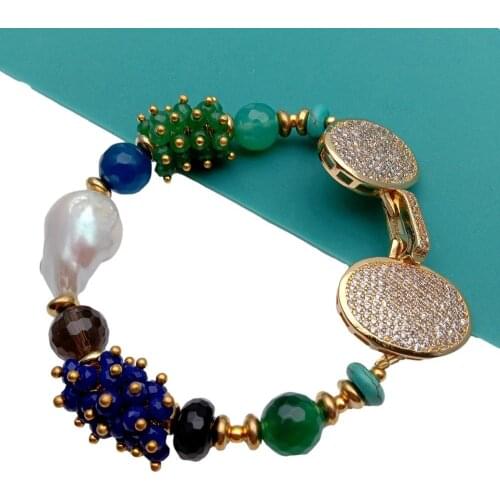 YYGEM natural Cultured White Keshi Pearl Agate Jade Smoky Quartz Onyx Bracelet 8"