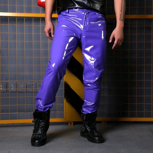 New Mens Stretch colorful Painted Leather Pants Costumes nightclub bar singer Stage show performance trousers Dance equipment