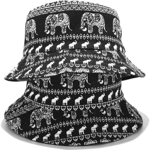 New Elephant Canvas Sun Protection Hat Summer Leisure Bucket Hat Reversible Fisherman Hat Folk-custom Unisex Panama Bob Cap
