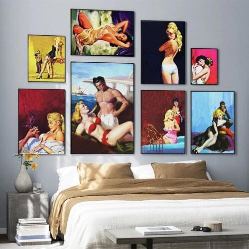 Vintage Fashion Movie Sexy Lovers Pulp Cover Art Wall Posters Yacht Cigarette Blonde Girl Canvas Prints Bed Room Decor Pictures