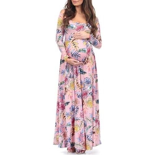 Maternity Dresses for Photo Shoot Flower Printed Loose Pregnant Full Length Vestidos Long Sleeve One Shoulder Pregnancy Dress