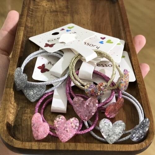 2PCS/Set Sequins Heart Elastic Hair Bands Crystal Pendants Rubber Ropes Girls BB Head Wear Hair Accessories For Kids Party Gifts