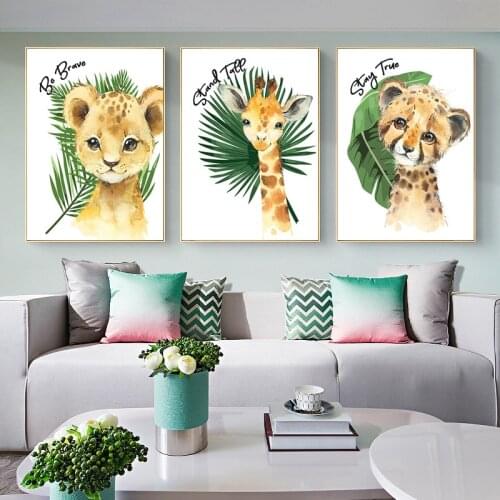 Nordic Lion Giraffe Zebra Tropical Leaf Jungle Animals Posters And Prints Wall Art Canvas Painting Wall Pictures Kids Room Decor
