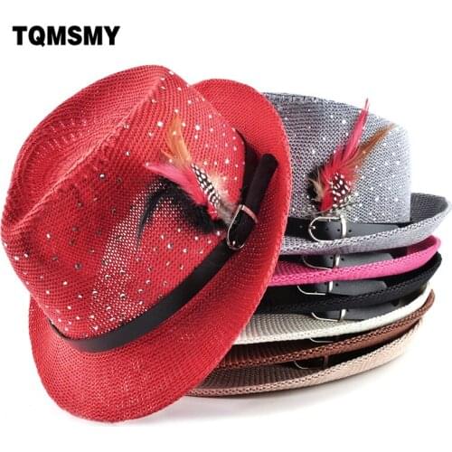 Fashion 2017 Spring summer sun hats for women and mens jazz Braid Cap Summer Beach Straw Panama feather Hat diamond femal Topper