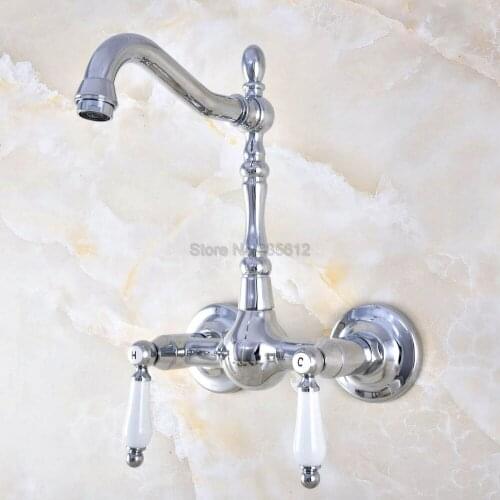 Basin Faucets Wall Mounted Kitchen Bathroom Sink Faucet Dual Handle Swivel Spout Hot Cold Water Mixer Tap tnf574