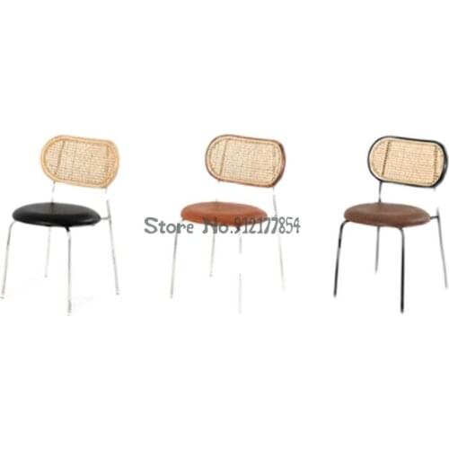 Retro Rattan Dining Chair Leather Designer Restaurant Chair Home Dressing Chair Homestay Cafe Back Chair Desk Chair