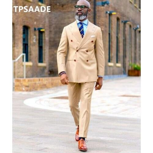 TPSAADE 2020 New Arrival 2 Pieces Mens Khaki Double-breasted (Coat+Trousers) Peak Lapel Formal Party Groom Suits Blazer/Jacket