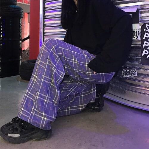 Vintage Purple Plaid Trousers Autumn Winter Length Pant Women Man Jogger Trouser Hip Hop Contrast Checkerboard Harajuku