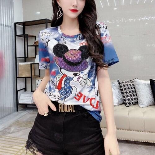 Short-sleeved T-shirt Womens Summer 2021 New Korean Cartoon Printed Fashion Hot Rhinestone Loose Half Sleeve Top Diamond Tshirt