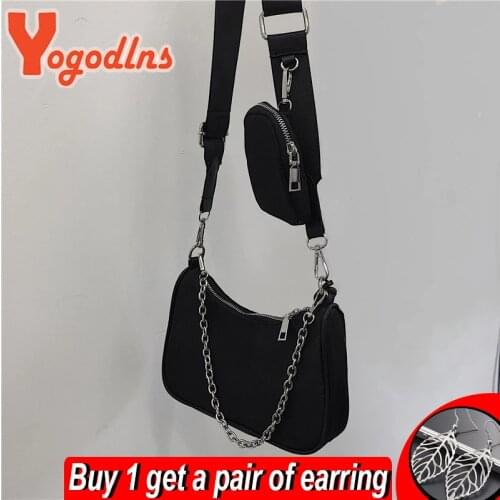 Yogodlns Black Nylon Shoulder Bag Women Large Capacity Crossbody Bag Daily Hobo Bags Female Designer Handbag 2pcs Fashion Purse