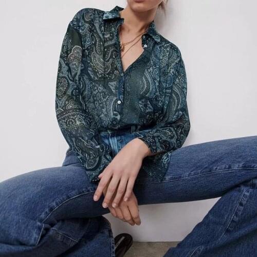 Ladies celebrity style retro shirt new style long-sleeved lapel top temperament printed blouse