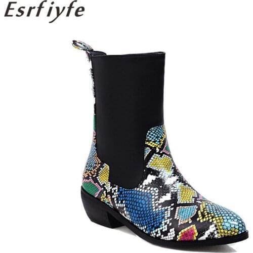 ESRFIYFE New Fashion Snakeskin Grain Autumn Winter Calf Boots Women Thick Heel Outdoor Chelsea Boots Warm Non Slip Snow Botas