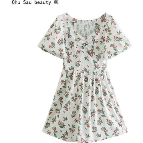 2021 Summer New V-Neck Puff Sleeve Short Dress Women Fresh Sweet Cherry Print A-Line Fashion Mini Dress Zipper Vestido