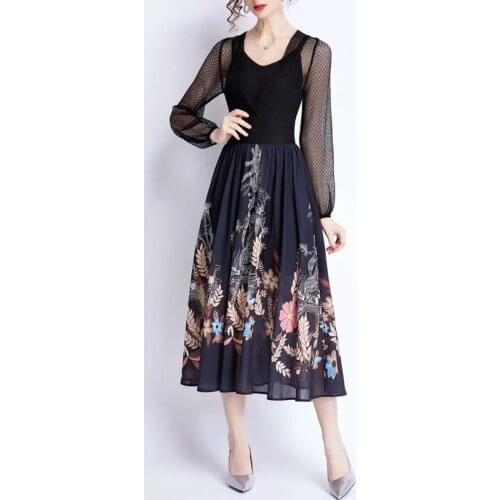 IVY HE High Quality Autumn Dress Woman Clothing Elegant Screen Stitched Pleated Print Midi Long Vintage Party Dresses Robe Traf