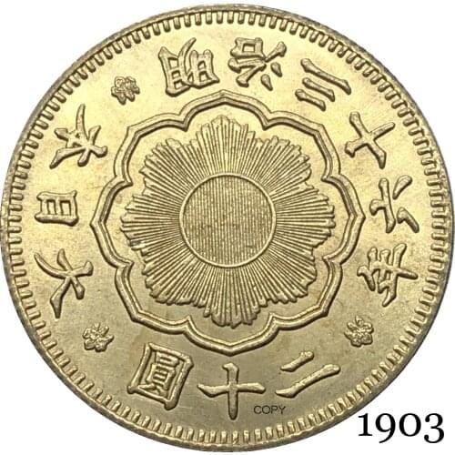 Great Japan 1903 20 Yen Meiji 36 Year Gold Coin Brass Metal Paulownia Flower Coat Of Arms Emperor Royal Seal Copy Coins