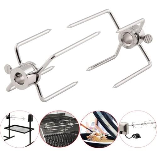 2pcs Stainless Steel Rotisserie Meat Forks Clamp Grill Meatpicks Barbecue Skewer With Locking Screw Quick Adjustments BBQ Tools