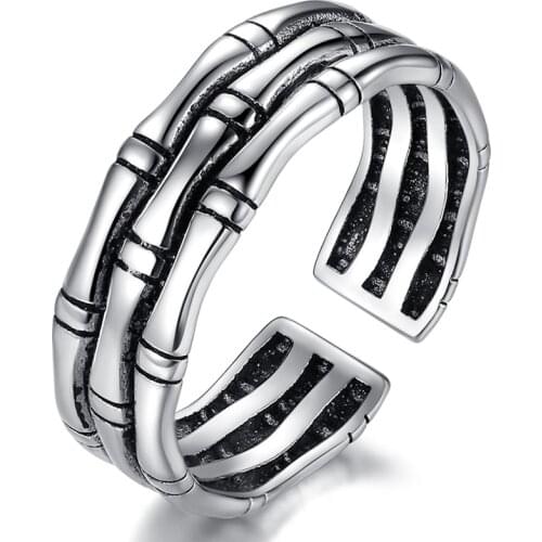 Bamboo Multi-layer Vintage Punk Chunky Adjustable Thai Silver Color Ring For Women Mens Korean Trendy Tibetan Jewelry S-R2204