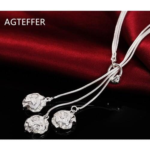 AGTEFFER 925 Sterling Silver 18 Inch Snake Chain Three Rose Flows Pendant Necklace For Women Fashion Wedding Charm Jewelry