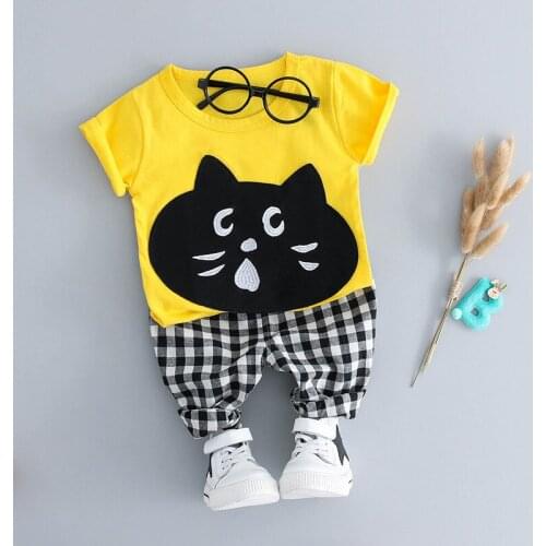 Childrens Set 2021 Summer New Men And Women Cartoon Cat Short-sleeved Two-piece Outlet Set