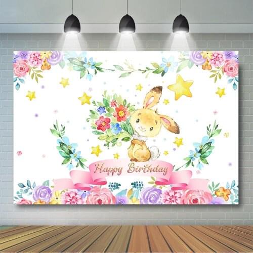 Bunny Birthday Backdrop Watercolor Floral Little Star Background Girls Birthday Party Decoration Cake Table Banner