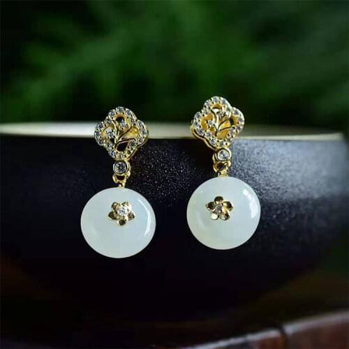 Natural Hetian Jade Peace Buckle Earrings Womens Elegant Long Ancient Style Chinese Style Retro Earrings Court Sterling Silver