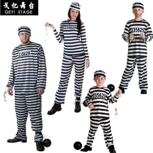 Carnival Party Halloween Prisoner Costume for Men Women Kids Child Family Violent Prisoner Costumes Fancy Dresses Set