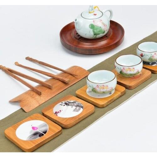 Ceramic Coaster with Wood Base Water Absorbency Slip-resistant Beer Mat Cup Holder Home Decoration F20173706