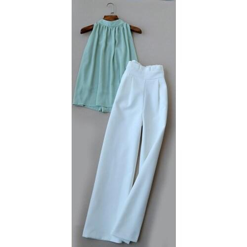 Spring Summer Chic Loose Chiffon Tank Top + High Waist Wide Leg Suit Trousers Office Ladies Set