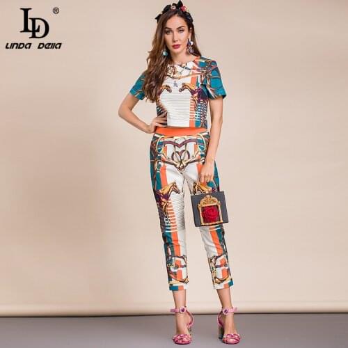 LD LINDA DELLA 2021 Fashion Designer Summer Vintage Two Piece Set Womens Short sleeve Pullover Top＋High Waist Print Pants Suit