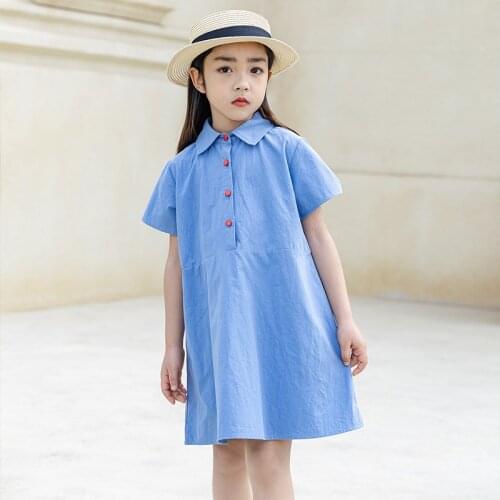 5 TO 15 Years Kids Girls Summer Dress Teenager Shirts Solid Color 100% Cotton Casual Dresses Children Girl Fashion Baby Dresses