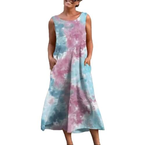 Summer Dress Stylish Tie Dye Printed Loose Large Hem Women Round Neck Sleeveless Midi Dress robe femme платье летнее женское2021