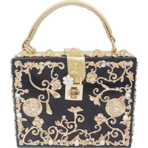 Small Square Clutch Shoulder Bag Female Dinner Handbag Acrylic Box Evening Bags Women Luxury Flowers Lock Diamonds Stone Pattern