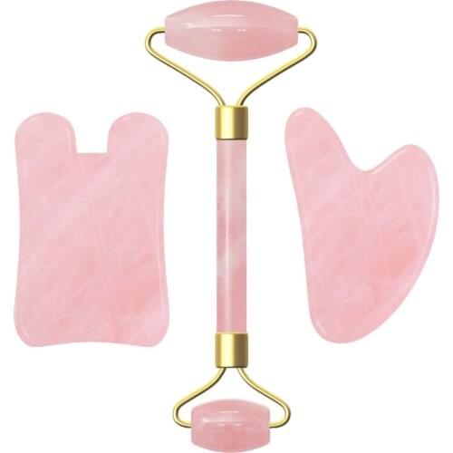 3 Pcs Natural Rose Quartz Jade Massager Roller GuaSha Board Kits Neck Back Head Massage Relaxation Scraping Board Set Wholesale